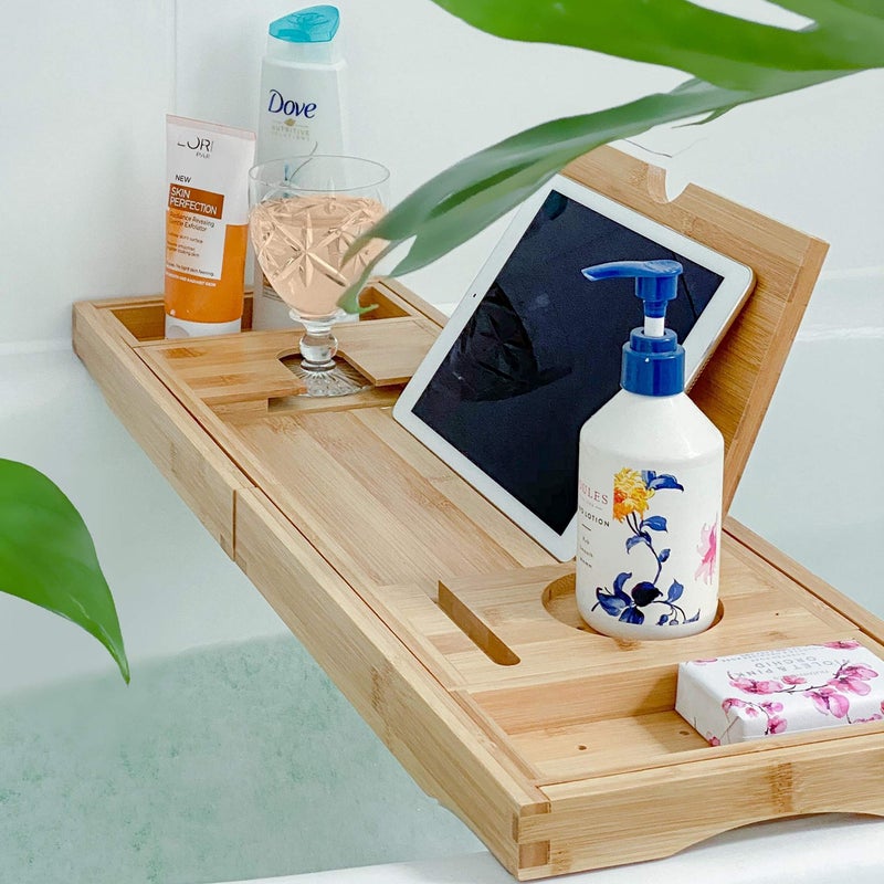 Deep Calm Bathtub Tray Caddy - Bamboo Foldable Bath Tub Table, Expandable Bath Tray Holds All Bathtub Accessories, Perfect Luxury Relaxing Gift for Self Care - Image 1